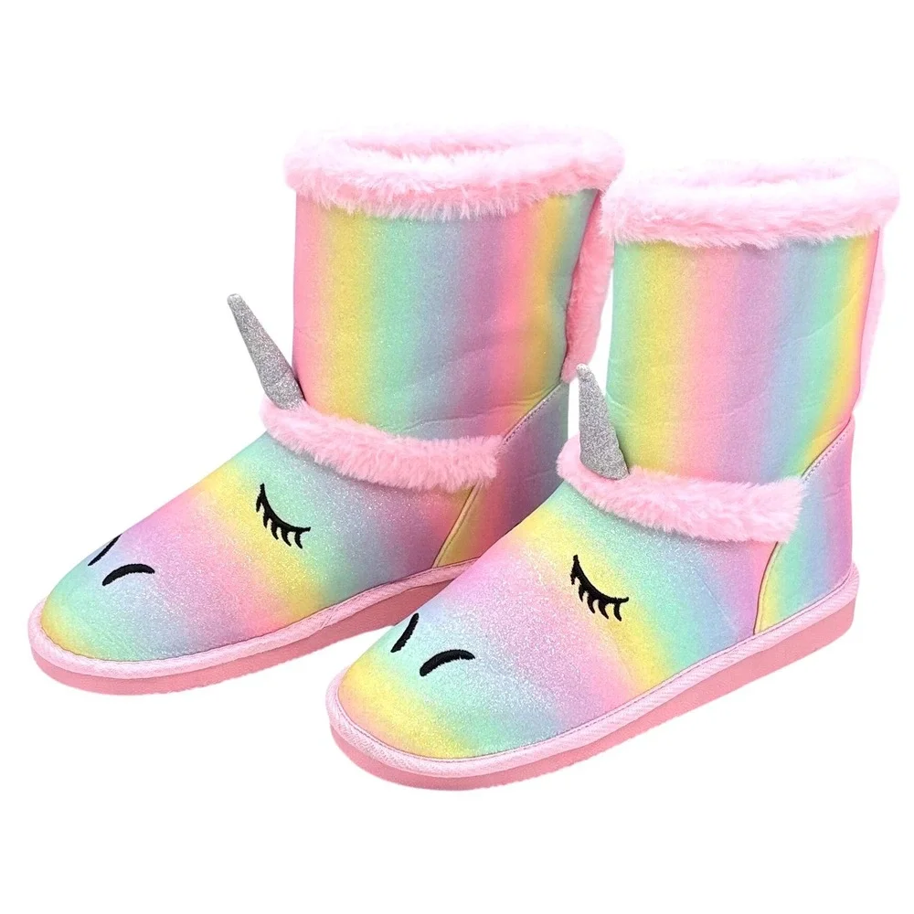 Kids Unicorn Rainbow Glitter Boots Cozy Faux Fur Lined Pink Sole Size‎ US 5
